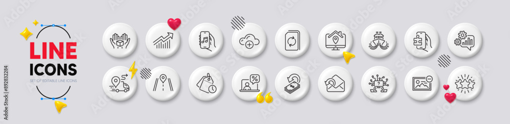 Work home, Ship and Puzzle game line icons. White buttons 3d icons. Pack of Music app, Star, Demand curve icon. Remove image, Hold box, Cashback pictogram. Delivery, Road, Cogwheel. Vector Work home, Ship and Puzzle game line icons. White buttons 3d icons. Pack of Music app, Star, Demand curve icon. Remove image, Hold box, Cashback pictogram. Delivery, Road, Cogwheel. Vector