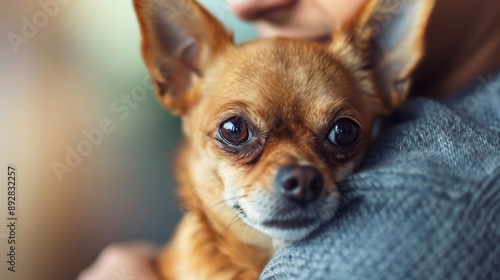 Wallpaper Mural Small Brown Chihuahua Dog Held Close By Person Wearing Blue Shirt Torontodigital.ca