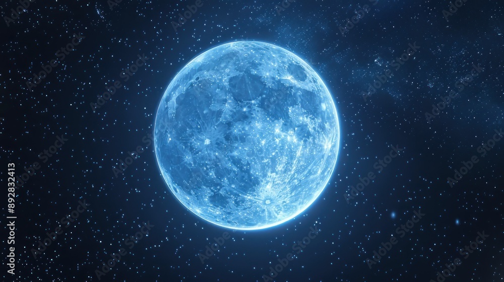 A luminous blue moon shines brightly in the night sky surrounded by a constellation of twinkling stars A luminous blue moon shines brightly in the night sky surrounded by a constellation of twinkling stars