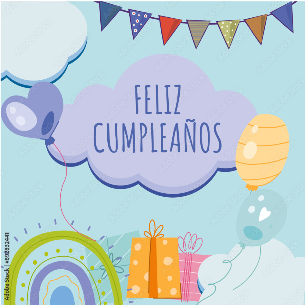 tarjeta o diadema para desear feliz cumpleaños en azul en una nube para un niño con banderines de regalos de varios colores alrededor de los globos tarjeta o diadema para desear feliz cumpleaños en azul en una nube para un niño con banderines de regalos de varios colores alrededor de los globos