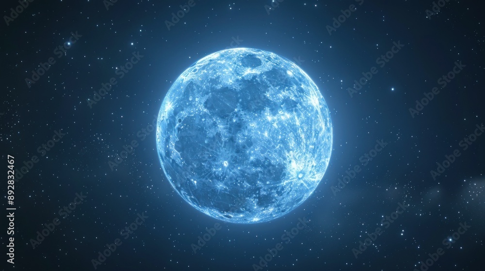 A luminous blue moon illuminates the dark expanse of space surrounded by a tapestry of twinkling stars A luminous blue moon illuminates the dark expanse of space surrounded by a tapestry of twinkling stars