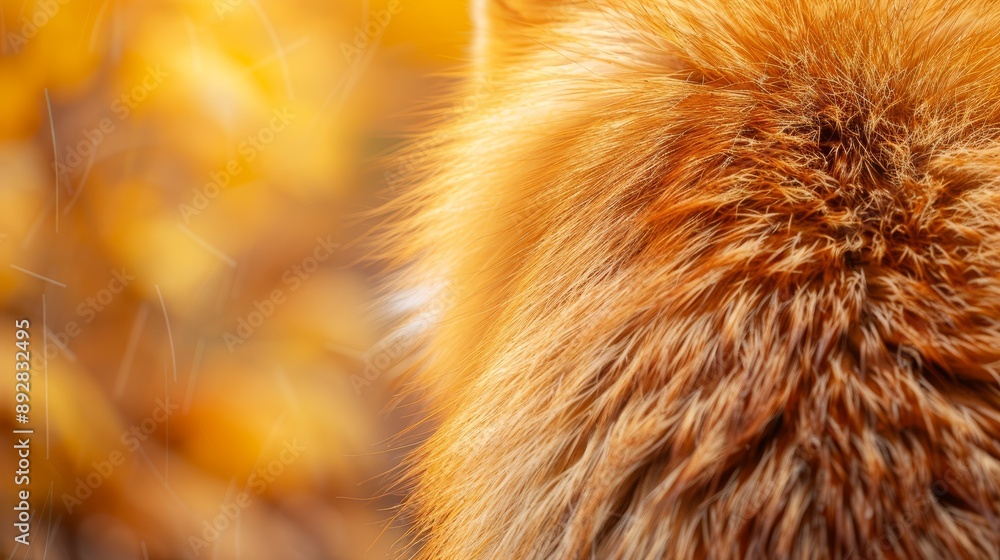 Fototapeta premium Red fox fur with autumn forest bokeh. Fox fur close-up