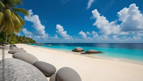 A panoramic photo of a tropical beach with a bright blue sky and scattered white clouds. The layout features a sandy coastline with large, smooth rocks in the foreground and lush green palm trees lini photo