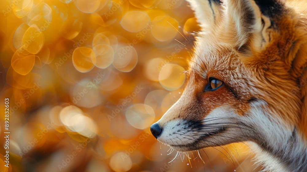 Fototapeta premium Red fox fur with autumn forest bokeh. Fox fur close-up