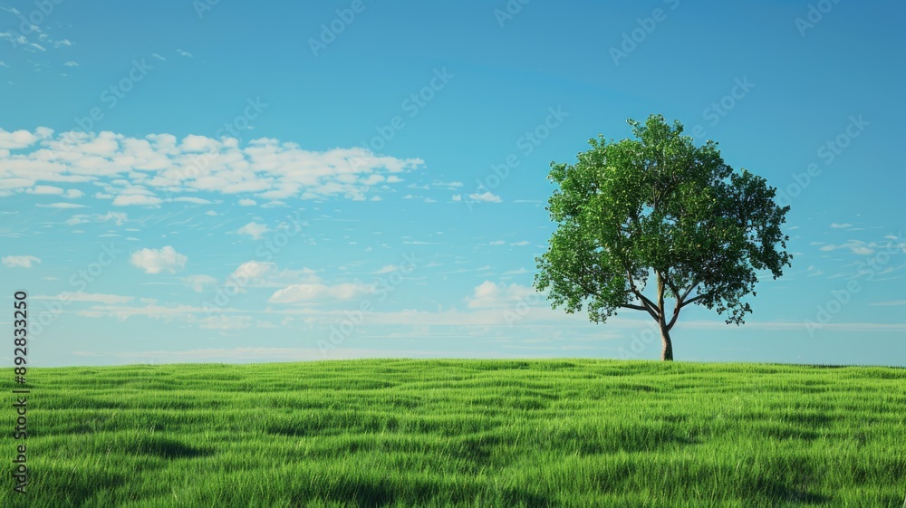 Lone tree in center of lush grassy field under clear blue sky Lone tree in center of lush grassy field under clear blue sky