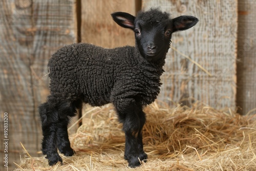 Cute black lamb stands on straw against a rustic wooden backdrop photo