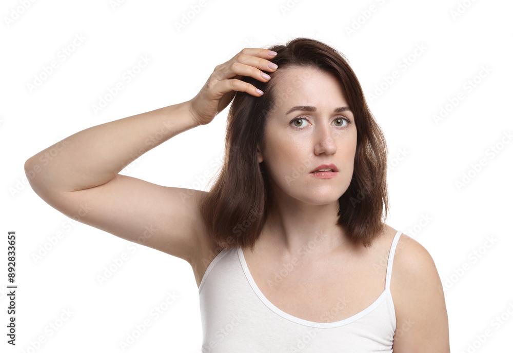 Woman with hair loss problem on white background Woman with hair loss problem on white background