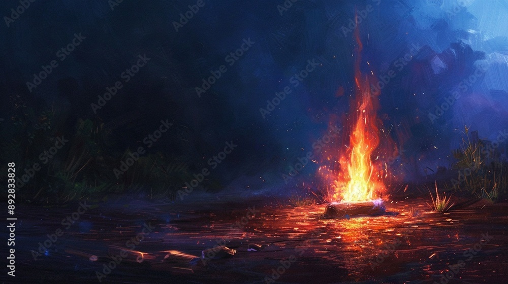 A dark blue sky serves as a backdrop for a swampy area surrounded by a painting of a campfire A dark blue sky serves as a backdrop for a swampy area surrounded by a painting of a campfire