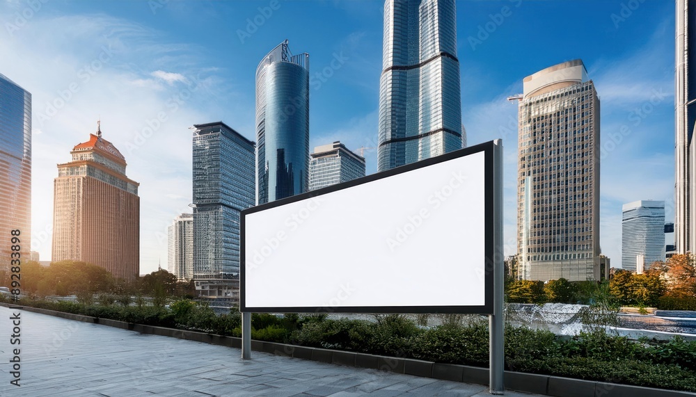 Outdoor Billboard Advertisement Mock-Up with Background of Big City Buildings Outdoor Billboard Advertisement Mock-Up with Background of Big City Buildings