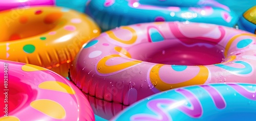 Inflatable pool floats in vibrant shapes, close up, theme of summer fun poolside backdrop photo