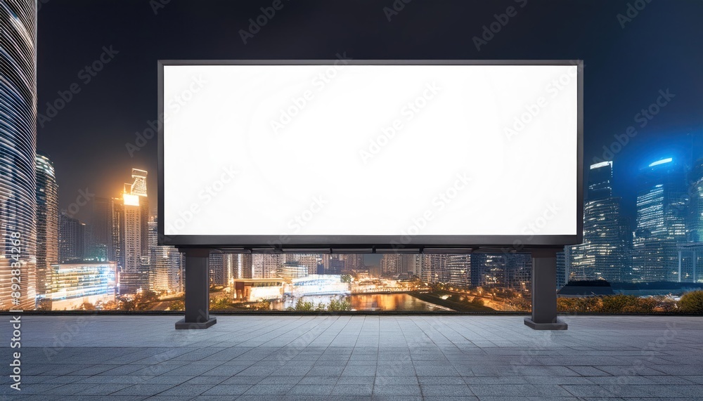 Blank White Billboard on City Buildings Background at Night – Perspective View Mockup Blank White Billboard on City Buildings Background at Night – Perspective View Mockup