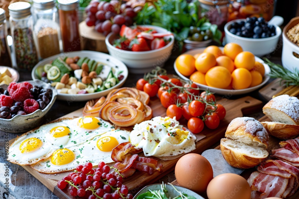 Brunch spread with a variet of dishes pastries. Village Breakfast with pastries, vegetables, greens, spreads, cheeses, fried eggs, jams.
Brunch spread with a variet of dishes pastries. Village Breakfast with pastries, vegetables, greens, spreads, cheeses, fried eggs, jams.