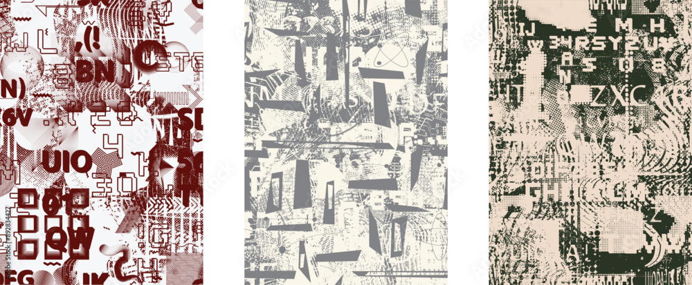 Glitch distorted grungy abstract forms . Cyber punk seamless pattern texture. Halftone dots .Futuristic background . Glitched shapes with dots and lines .Screen print endless pattern texture