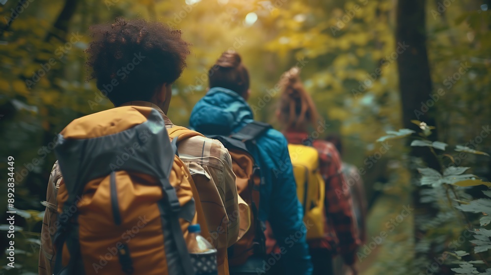 A diverse group of friends hiking through a forest, enjoying nature and each other's company. A diverse group of friends hiking through a forest, enjoying nature and each other's company.