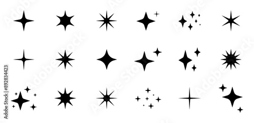 Shine or sparkle vector set of eighteen different stars in black color on white background. Sparkle star icons. Shine icon. Stars sparkle doodles vector.