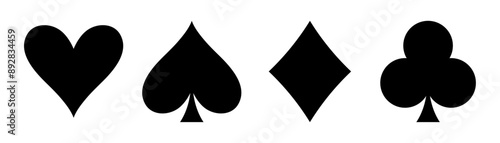 Playing cards symbols set of four poker cards suits with heart, spade, club, diamond icon in black color flat style. Casino card icons and symbols. Poker card suits vector illustration.