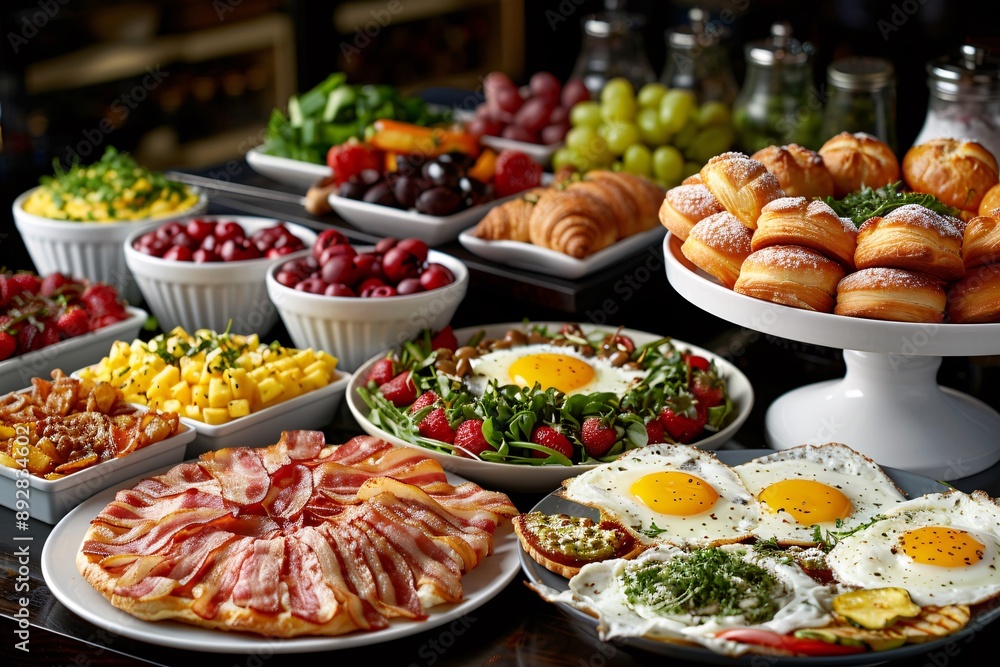 Brunch spread with a variet of dishes pastries. Village Breakfast with pastries, vegetables, greens, spreads, cheeses, fried eggs, jams.
Brunch spread with a variet of dishes pastries. Village Breakfast with pastries, vegetables, greens, spreads, cheeses, fried eggs, jams.