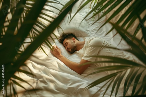 Arab man calmly naps his side serene and peaceful ambiance. Serene rest arab young man snoozing comfortably his cozy bed. Tireless benefits of daily rest weave calm dreamy narrative. photo