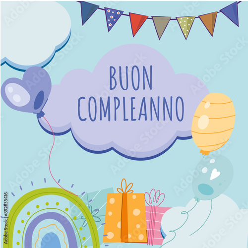 biglietto o fascia per augurare buon compleanno a un bambino in blu in una nuvola con gagliardetti in regalo di vari colori attorno ai palloncini