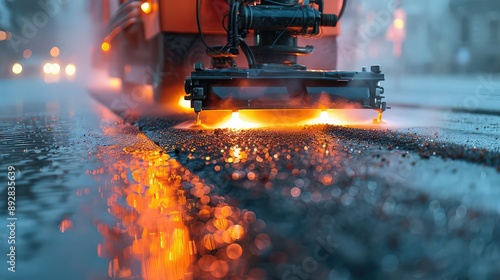demonstration of thermoplastic road marking, with a machine heating and applying the material to create durable, long-lasting lines on the pavement.