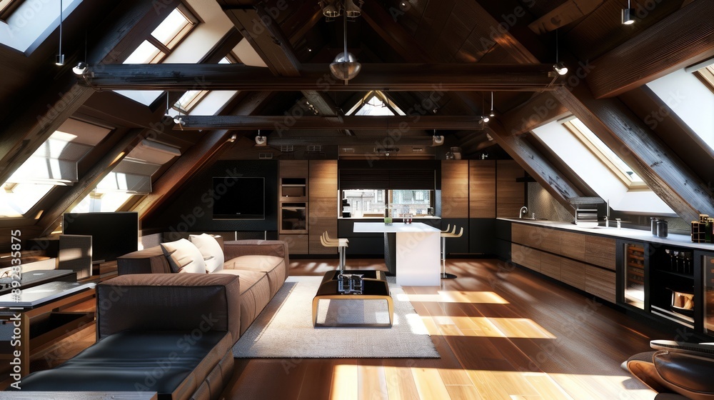 An elegant attic loft with a modern kitchen, luxurious finishes, and panoramic views, captured by an HD camera. Stunning, crisp, vivid, An elegant attic loft with a modern kitchen, luxurious finishes, and panoramic views, captured by an HD camera. Stunning, crisp, vivid,