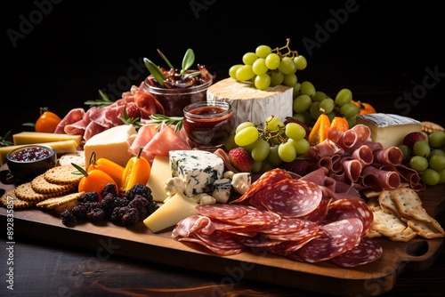 Elegant charcuterie board with a variety of cured meats, cheeses, olives, and crackers