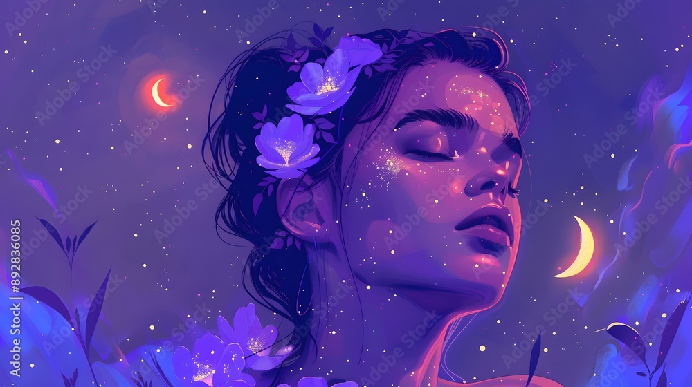 Dreamy Digital Art of a Woman with Flowers and Celestial Elements in a Night Sky Dreamy Digital Art of a Woman with Flowers and Celestial Elements in a Night Sky