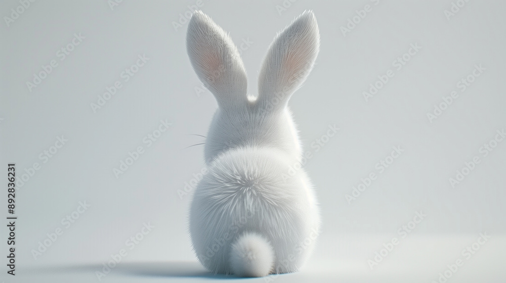 Fototapeta premium white rabbit from the back, fluffy bunny tail, easter white background