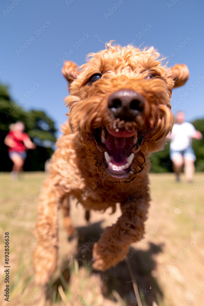 Fluffy brown dog with its tongue out is running towards the camera, with its owners in the background Fluffy brown dog with its tongue out is running towards the camera, with its owners in the background