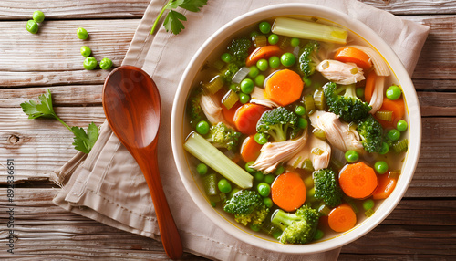 Chicken soup with broccoli, green peas, carrots and celery in a white bowl on a wooden background in rustic style