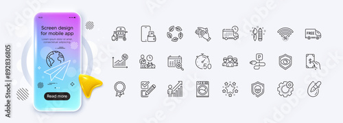 Clapping hands, Receive money and Cyber attack line icons for web app. Phone mockup gradient screen. Pack of Checkbox, Cogwheel, Charging parking pictogram icons. Vector