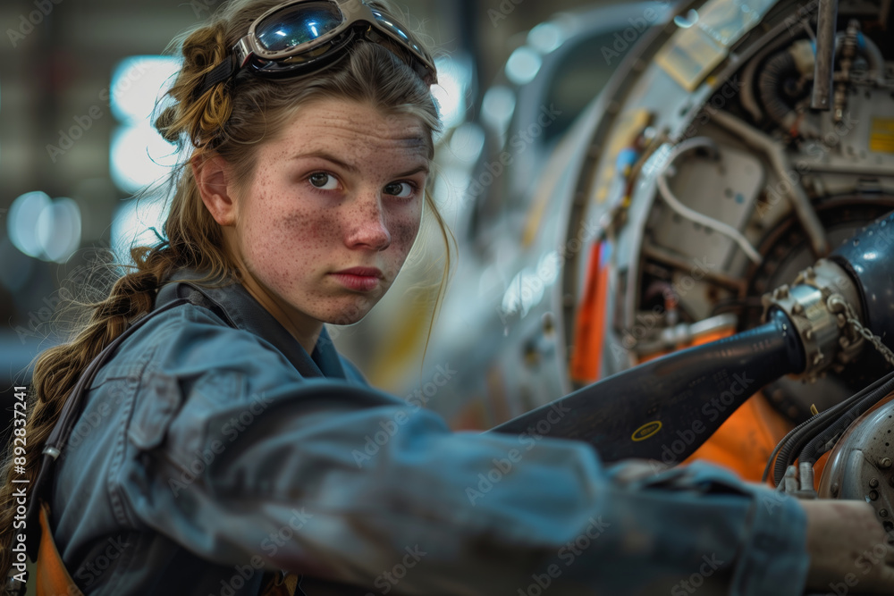 A Female Mechanic's Focus: Precision Work on a Vintage Helicopter Propeller A Female Mechanic's Focus: Precision Work on a Vintage Helicopter Propeller