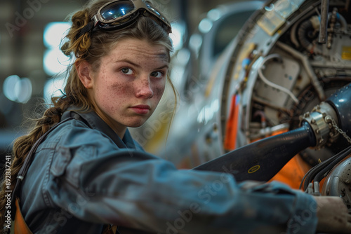 A Female Mechanic's Focus: Precision Work on a Vintage Helicopter Propeller