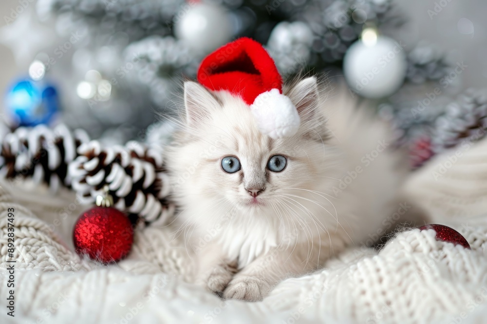 Cute white kitten wearing a santa claus hat, surrounded by festive christmas ornaments Cute white kitten wearing a santa claus hat, surrounded by festive christmas ornaments