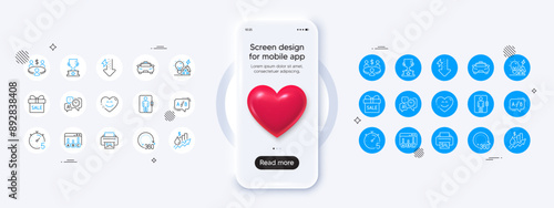 Phone mockup with 3d heart icon. 360 degrees, Ab testing and Print image line icons. Pack of Smile chat, Survey results, Taxi icon. Building energy, Winner cup, Timer pictogram. Vector