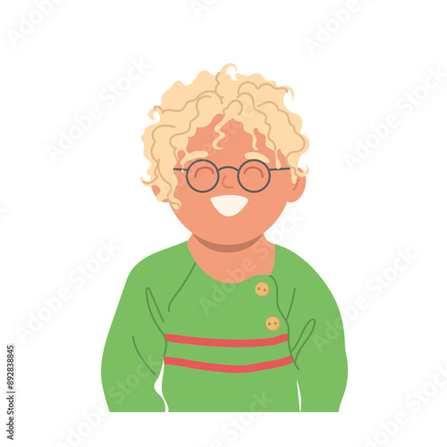 Cute smiling preschool boy child cartoon character with trendy coiffure wearing eyeglasses portrait