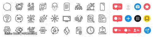 Speech bubble, Monitor and 360 degrees line icons pack. Social media icons. Face recognition, Green electricity, Boxes pallet web icon. Time, Document, Question mark pictogram. Vector
