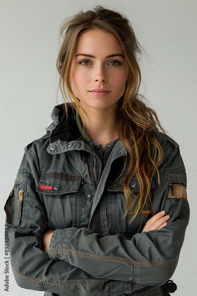A woman in working clothes isolated on a white background A woman in working clothes isolated on a white background