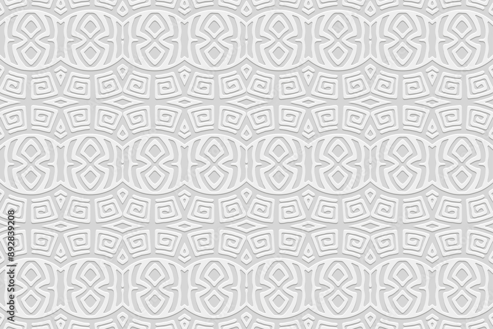Embossed white background, cover design, banner. Geometric Greek 3D pattern, meander. Ethnic ornaments, arabesques, mandala. Vintage, handmade. Traditions of the East, Asia, India, Mexico, Aztec, Peru Embossed white background, cover design, banner. Geometric Greek 3D pattern, meander. Ethnic ornaments, arabesques, mandala. Vintage, handmade. Traditions of the East, Asia, India, Mexico, Aztec, Peru