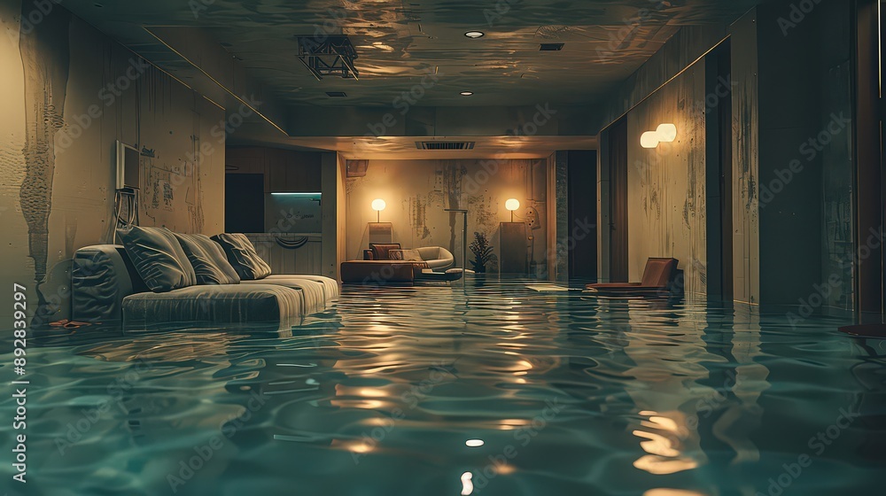 dimly lit, luxurious room partially flooded with water, featuring elegant furniture and soft lighting, creating an unusual yet captivating ambiance. dimly lit, luxurious room partially flooded with water, featuring elegant furniture and soft lighting, creating an unusual yet captivating ambiance.