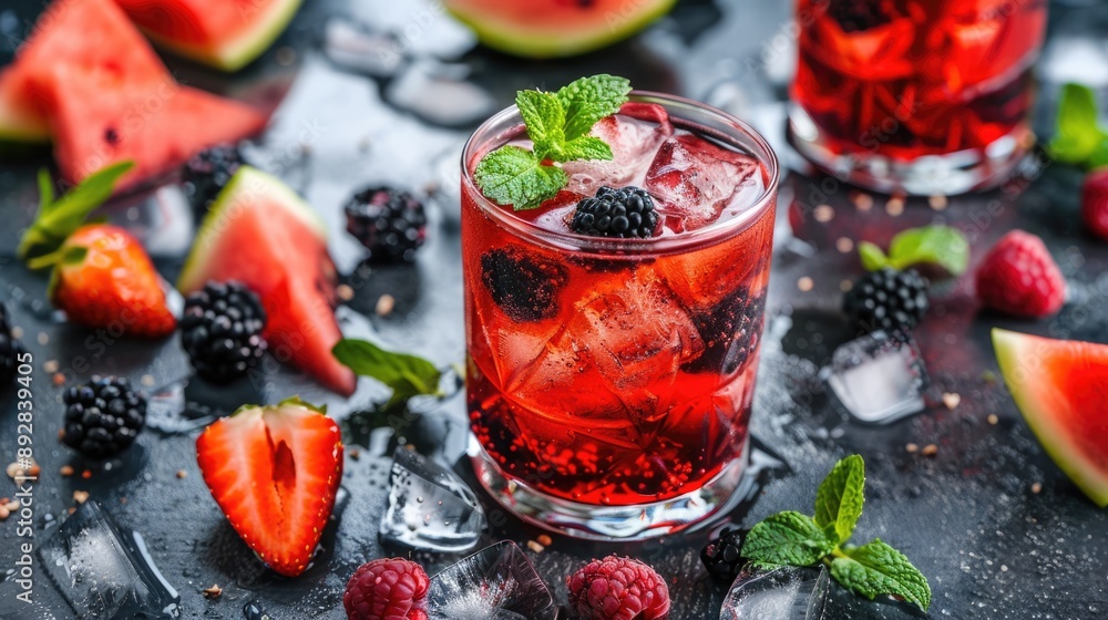 Berry Iced Tea. Close-up of Red Berry Lemonade with Mint. Summer Refreshing Soft Drink Berry Iced Tea. Close-up of Red Berry Lemonade with Mint. Summer Refreshing Soft Drink