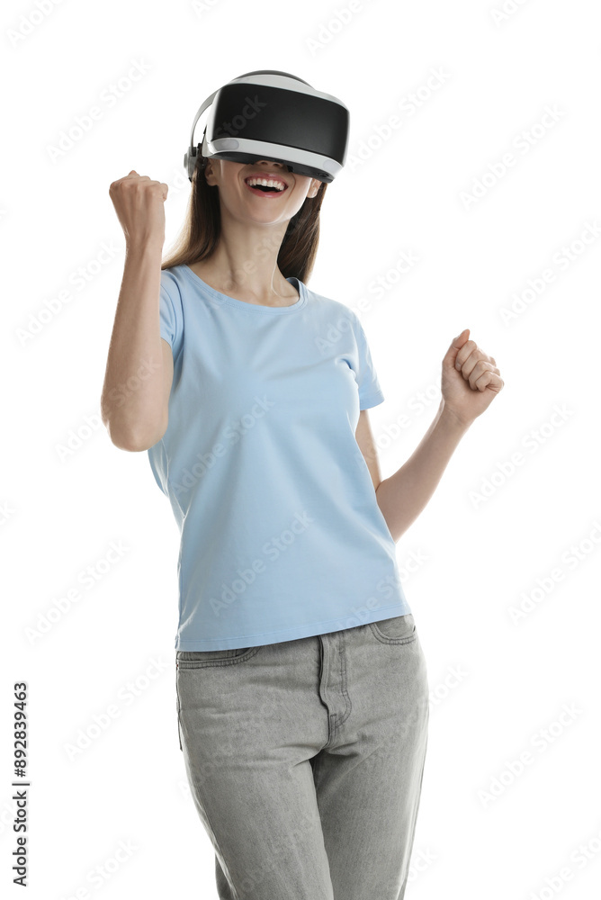 Smiling woman using virtual reality headset on white background Smiling woman using virtual reality headset on white background