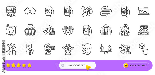Couple, Intestine and Friends chat line icons for web app. Pack of Dirty mask, Security app, Delivery app pictogram icons. Healthy face, Business meeting, Employees group signs. Search bar. Vector