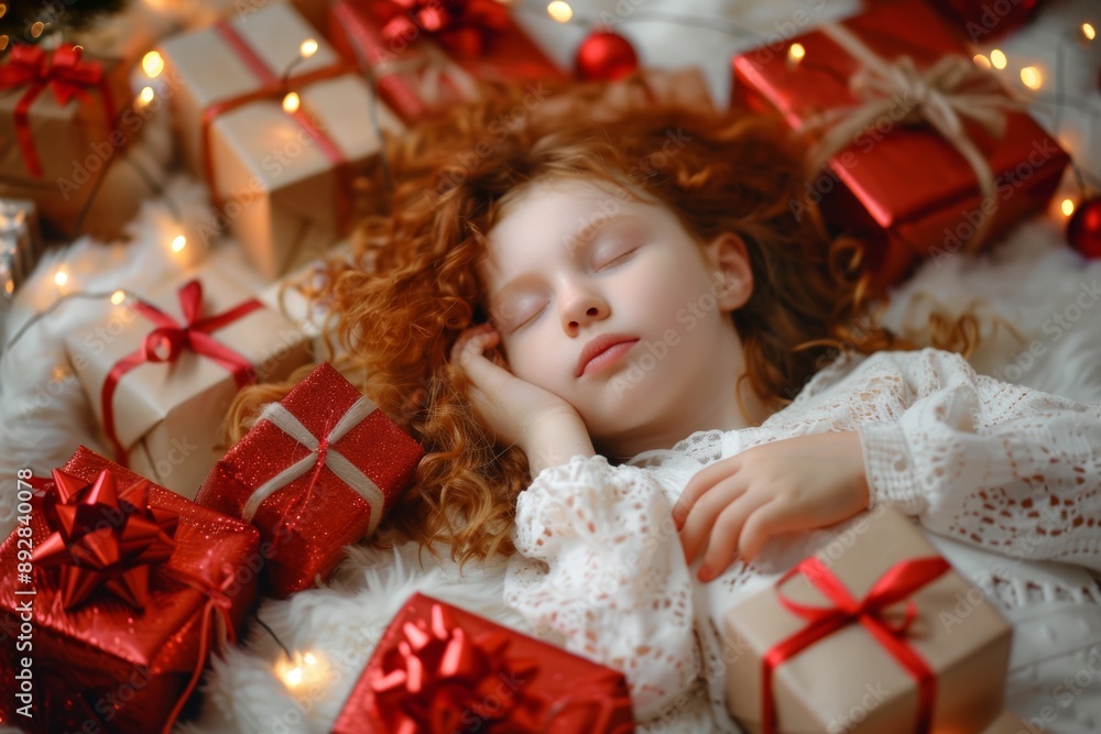 Serene image of girl curly hair resting her soft pillow. Beautiful red-haired child sleeps peacefully cozy white blanket. Essence of stillness and magic of tender dreams. Serene image of girl curly hair resting her soft pillow. Beautiful red-haired child sleeps peacefully cozy white blanket. Essence of stillness and magic of tender dreams.
