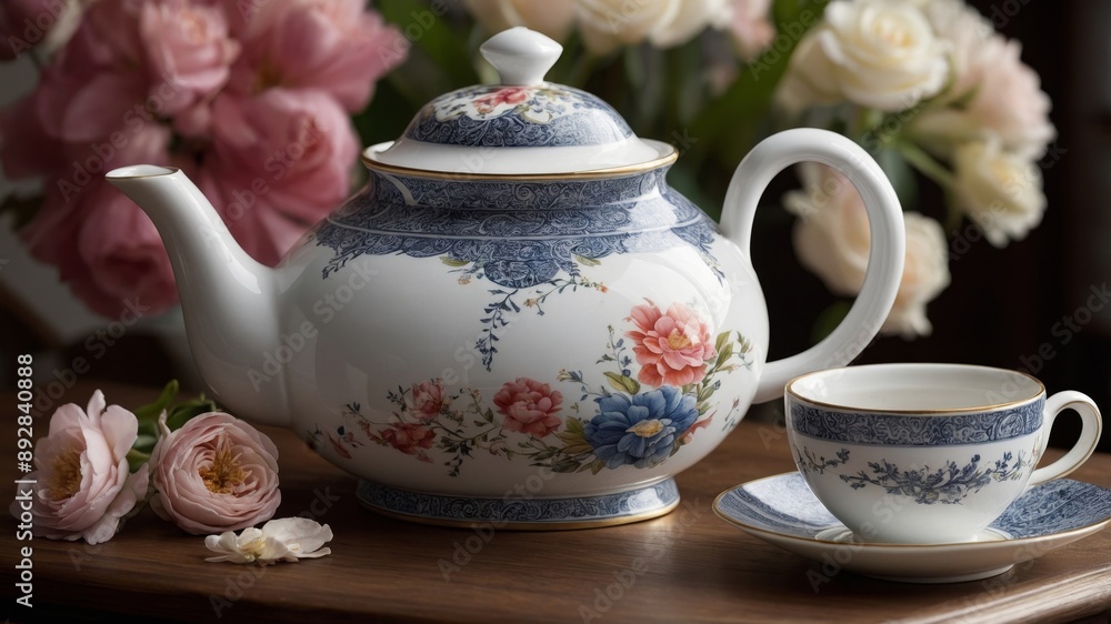 Classic Porcelain Teapot with a Floral Design on a Tea Table Classic Porcelain Teapot with a Floral Design on a Tea Table