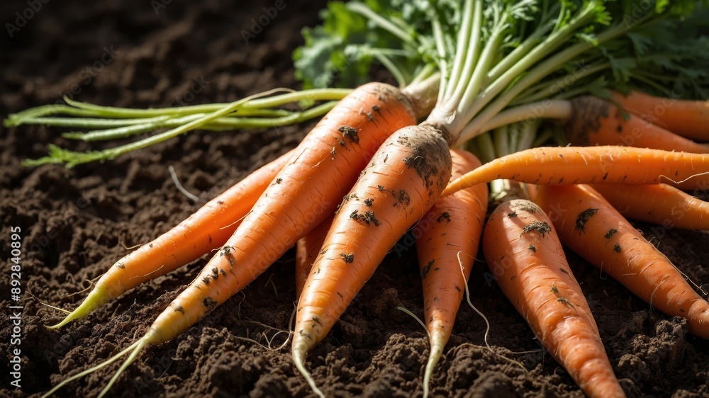 Freshly Harvested Organic Carrots with Green Tops in Garden Soil Freshly Harvested Organic Carrots with Green Tops in Garden Soil