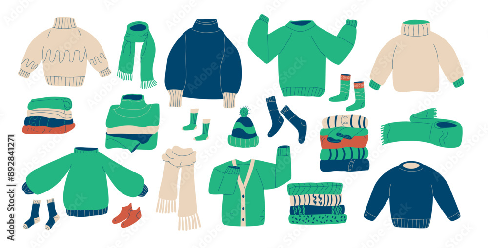 © Syuzann q - Set of cozy knitted sweaters, scarves, socks, and warm accessories. Winter warm clothes kit. Vector hand drawn collection illustration isolated on white background.