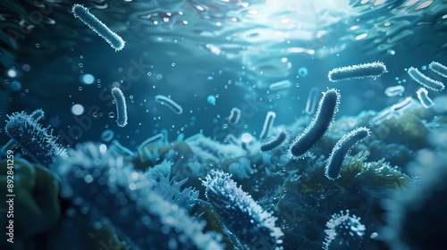 Pile of legionella bacteria with flagella, biofilm, sideview, background water, intricate details, underwater photography, Generative AI illustrations 
