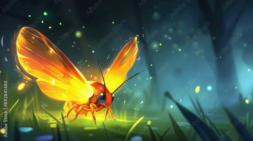 A yellow insect rests atop a verdant forest brimming with green and golden fireflies A yellow insect rests atop a verdant forest brimming with green and golden fireflies