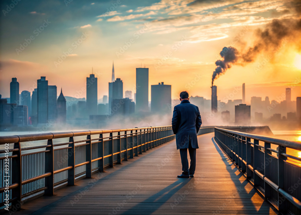 A man walks alone on a bridge overlooking a cityscape at sunrise. A man walks alone on a bridge overlooking a cityscape at sunrise.